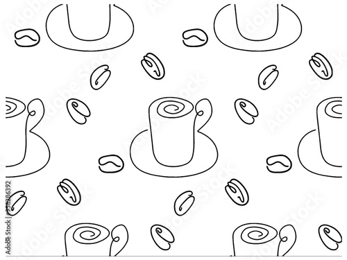 
Shopping seamless pattern of line icons of coffee beans, cups, donuts, croissants, Cezve, coffee to go, package or fabric cover

