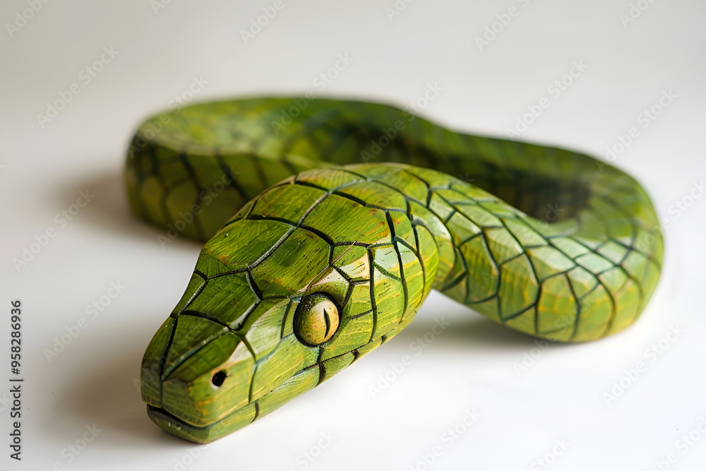 Fototapeta premium Green wooden snake on a white background.