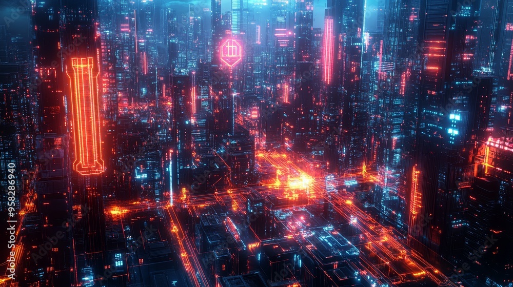 Top-down city view with glowing water distribution paths, meters emitting data waves in holographic patterns, blending urban and technological elements, Neon, Sci-Fi atmosphere. Top-down city view with glowing water distribution paths, meters emitting data waves in holographic patterns, blending urban and technological elements, Neon, Sci-Fi atmosphere.