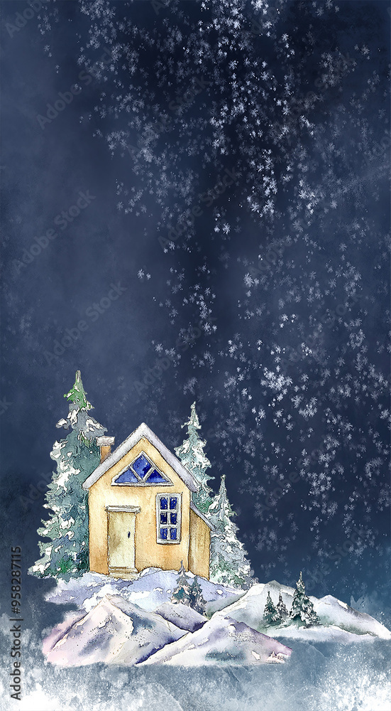 Fototapeta premium Winter Christmas illustration vertical card yellow wooden roof cottage house illustration on dark night snowy background, countryside, outdoors mountains