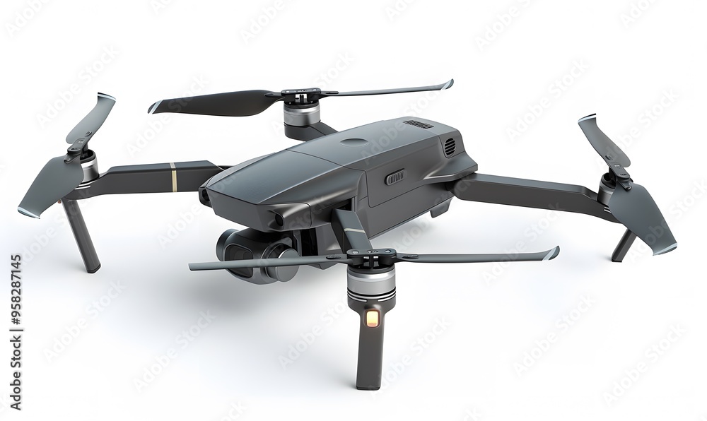 New dark grey drone quadcopter with digital camera and sensors flying isolated on white. New dark grey drone quadcopter with digital camera and sensors flying isolated on white.