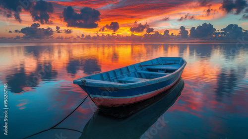 Wooden boat floating on calm waters during a vibrant sunset