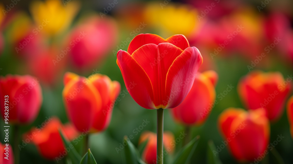 Red tulip in focus with blurred background of vibrant flowers Red tulip in focus with blurred background of vibrant flowers