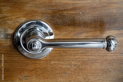 Shiny silver door handle on wooden surface in close-up