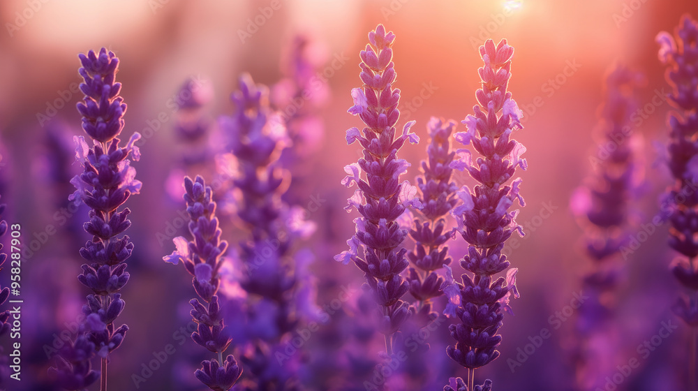 Lavender flowers blooming in a sunlit field at sunset Lavender flowers blooming in a sunlit field at sunset