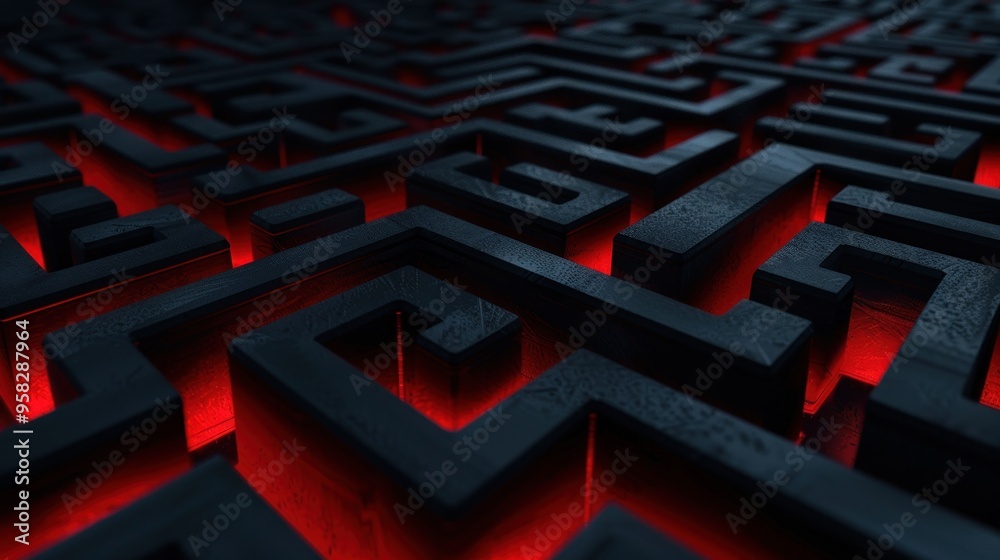 Close up of black labyrinth on red background Close up of black labyrinth on red background