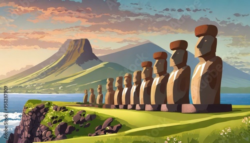 Easter island with moai statues landscape. National park Rapa Nui. Monolithic human figure statue. Remote location. tourism concept. Cartoon style vector 