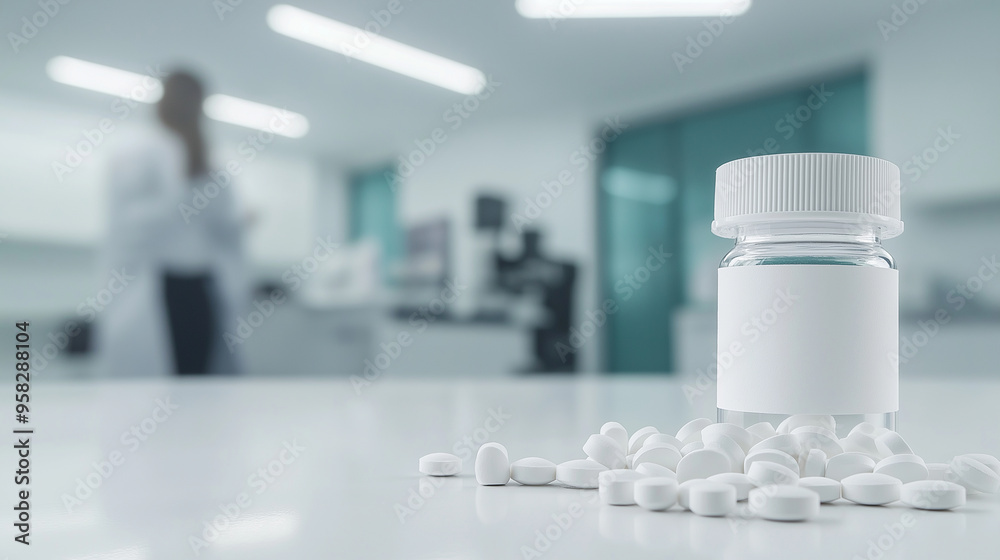 Mockup of a prescription with a clear pill bottle, blank label, and scattered white pills on a pristine white surface. The background is a minimalist, blurred doctor's office with Mockup of a prescription with a clear pill bottle, blank label, and scattered white pills on a pristine white surface. The background is a minimalist, blurred doctor's office with