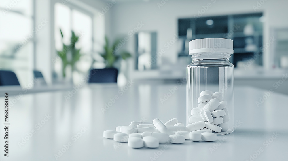 Mockup of a prescription with a clear pill bottle, blank label, and scattered white pills on a pristine white surface. The background is a minimalist, blurred doctor's office with Mockup of a prescription with a clear pill bottle, blank label, and scattered white pills on a pristine white surface. The background is a minimalist, blurred doctor's office with