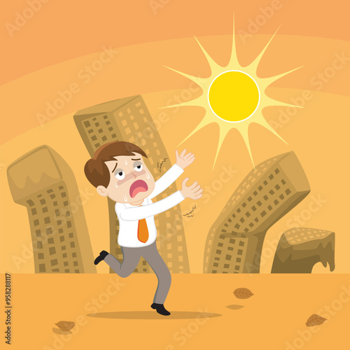  Tired unhappy man standing in hot weather Summer day. Flat, Vector, Illustration, Cartoon, EPS10. 