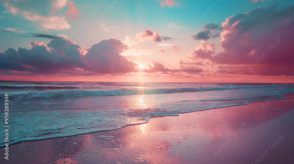 Dreamy beach sunset with vibrant colors reflecting on the water Dreamy beach sunset with vibrant colors reflecting on the water