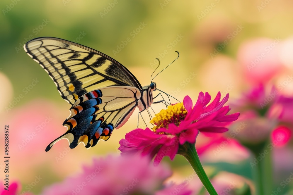 Majestic butterfly on vibrant pink flower in bloom Majestic butterfly on vibrant pink flower in bloom