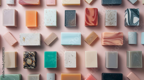 Assortment of colorful handcrafted soap bars on a pastel background