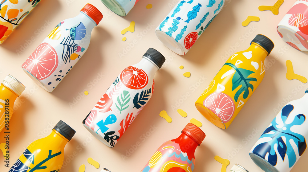 Colorful fruit-themed beverage bottles with playful designs on pastel background Colorful fruit-themed beverage bottles with playful designs on pastel background