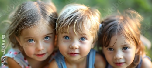  A group of little friends with smiles on their faces enjoying warm sunny day 