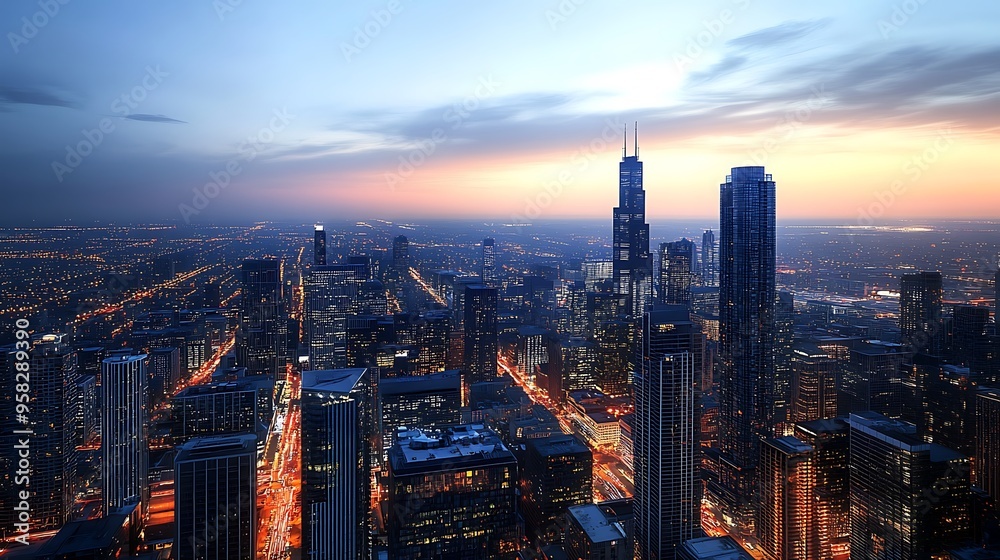 Fototapeta premium City Skyline at Twilight with Distant Lights