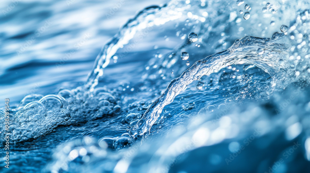 Blue water swirls and splashes, creating tiny bubbles. The water flows smoothly, making a beautiful background. Blue water swirls and splashes, creating tiny bubbles. The water flows smoothly, making a beautiful background.