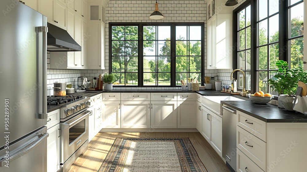 Modern Kitchen Interior Design with Large Windows Modern Kitchen Interior Design with Large Windows