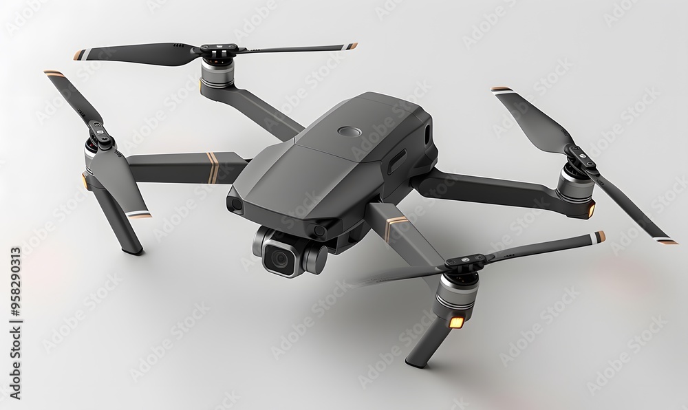 New dark grey drone quadcopter with digital camera and sensors flying isolated on white. New dark grey drone quadcopter with digital camera and sensors flying isolated on white.