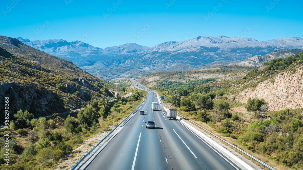 A wide-angle view of a modern motorway stretching through a mountainous landscape, with cars smoothly navigating the lanes under a clear blue sky.