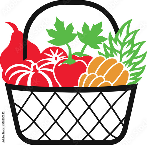 A minimalistic sketch of a basket filled with fall harvest fruits great for seasonal decorations and designs
 photo