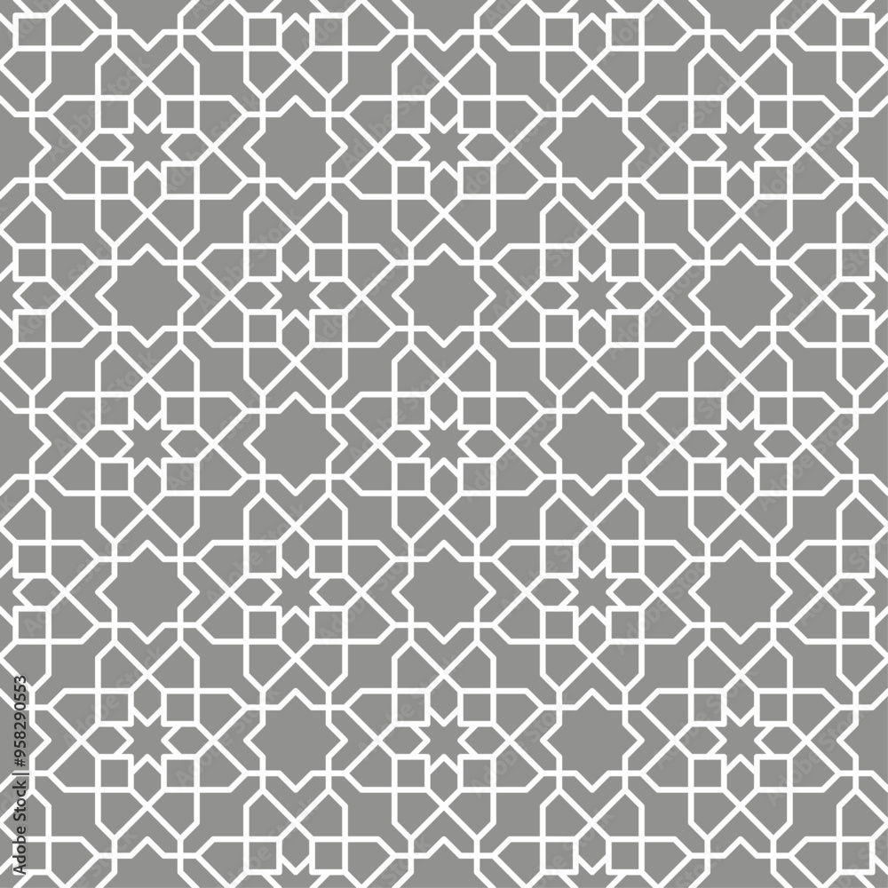 Fototapeta premium Seamless Islamic pattern consisting of interlocking white lines on a gray background. Suitable for various creative projects or decorative elements.