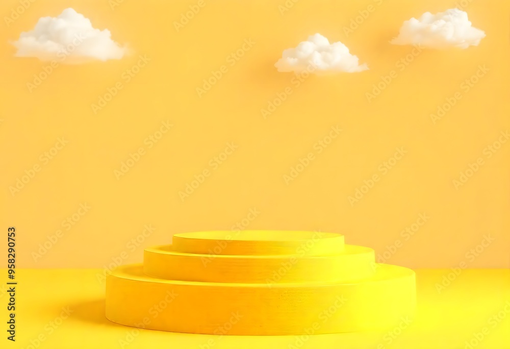 A yellow podium or platform against a soft yellow background with fluffy white clouds A yellow podium or platform against a soft yellow background with fluffy white clouds