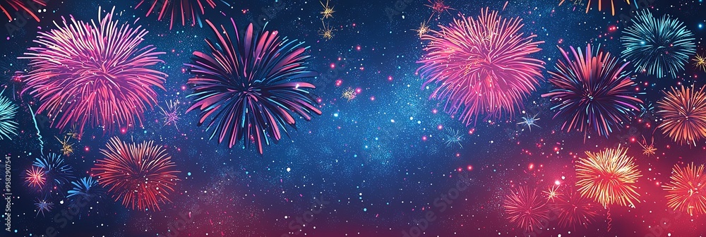 A dazzling array of vivid fireworks illuminate the night sky with an explosion of vibrant colors, conveying a sense of joy, celebration, and festivity. A dazzling array of vivid fireworks illuminate the night sky with an explosion of vibrant colors, conveying a sense of joy, celebration, and festivity.