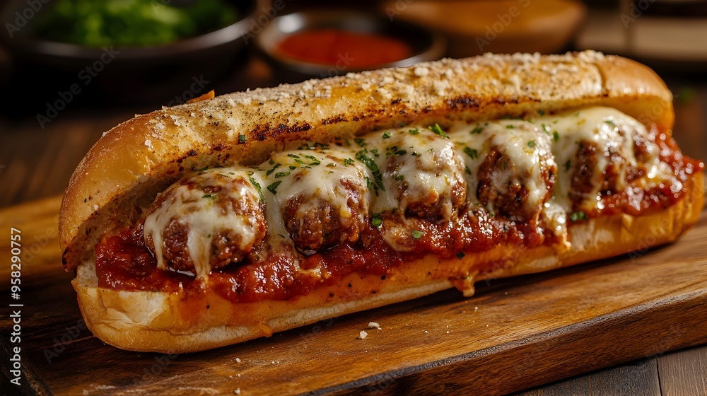Mouthwatering Cheesy Meatball Sub Covered in Melted Mozzarella and Marinara Sauce Mouthwatering Cheesy Meatball Sub Covered in Melted Mozzarella and Marinara Sauce