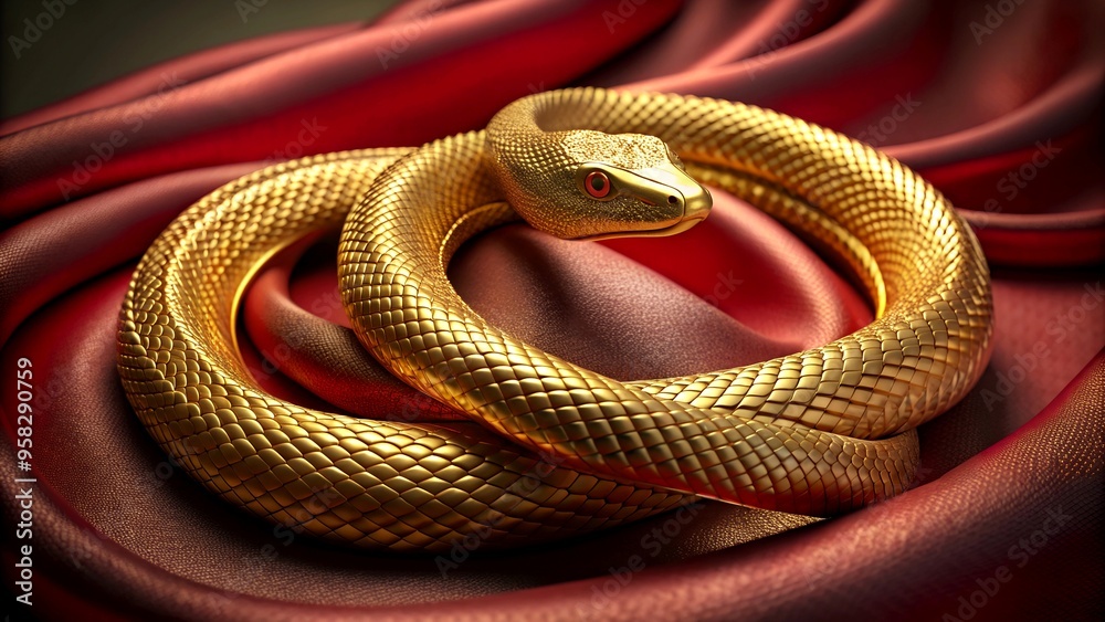 Luxurious golden snake entwined on rich red fabric – perfect for high-end branding or decorative art