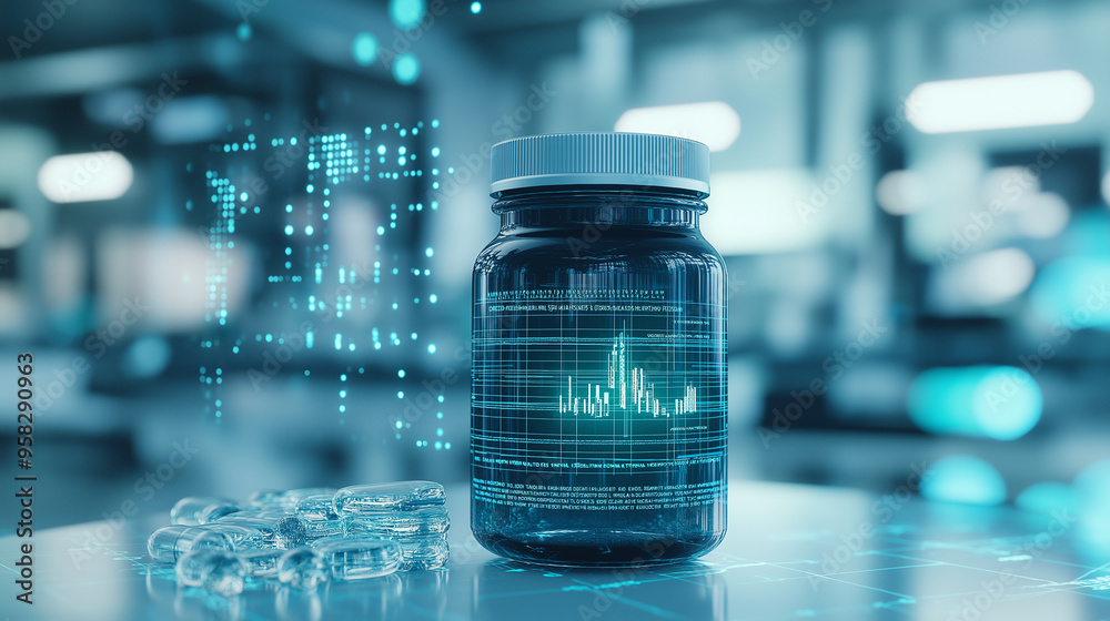 A close-up of a pill bottle with holographic charts and data projections floating above it, illustrating AI-driven insights improving treatment precision in healthcare. A close-up of a pill bottle with holographic charts and data projections floating above it, illustrating AI-driven insights improving treatment precision in healthcare.