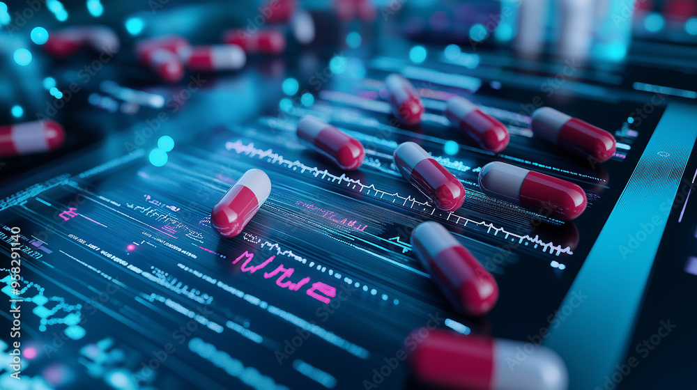 Pill bottles on a digital tablet screen, surrounded by AI-generated health data, highlighting the intersection of AI technology and modern healthcare practices. Pill bottles on a digital tablet screen, surrounded by AI-generated health data, highlighting the intersection of AI technology and modern healthcare practices.