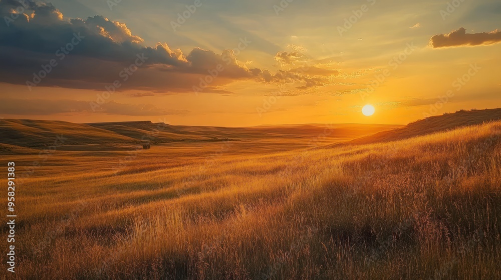 Obraz premium Golden Sunset over Rolling Hills and Grassland