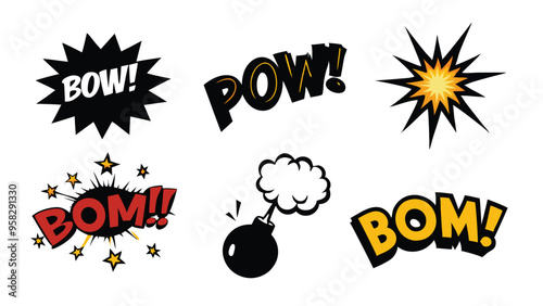 Comic book explosion sound effects with bomb and stars.