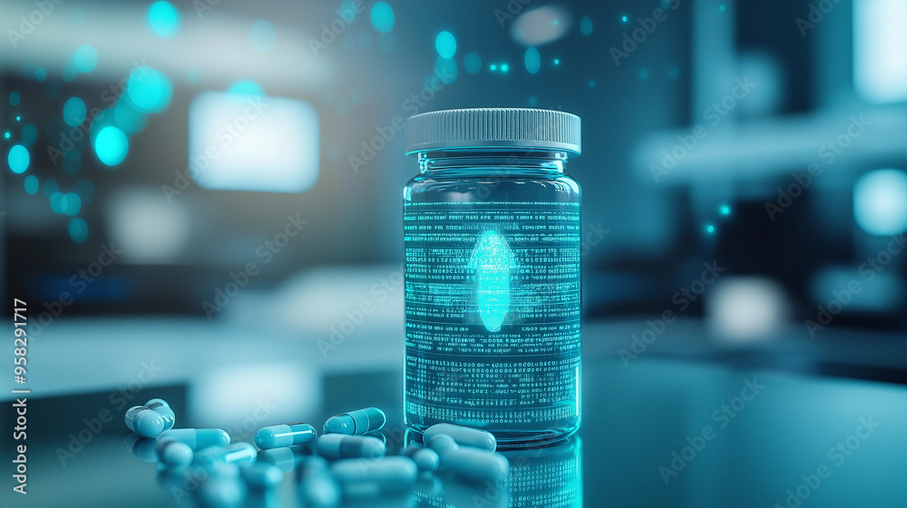 A pill bottle with a holographic AI assistant projected beside it, guiding treatment decisions, illustrating AI's role in enhancing healthcare delivery.