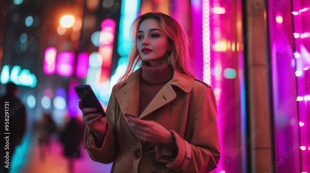 Obraz premium A young woman stands on a bustling city street at night, illuminated by vibrant neon lights while checking her phone