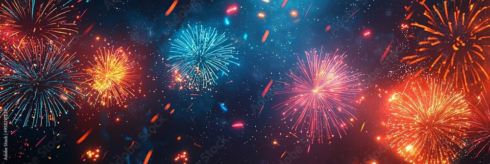 An array of brilliant fireworks bursting in a dark, starry night sky, showcasing a vibrant and celebratory display, embodying the joy and excitement of festivities. An array of brilliant fireworks bursting in a dark, starry night sky, showcasing a vibrant and celebratory display, embodying the joy and excitement of festivities.