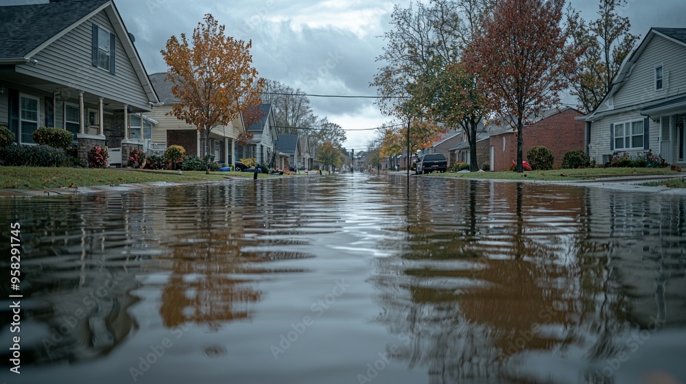 Fototapeta premium Flooded street in a residential neighborhood after heavy rain