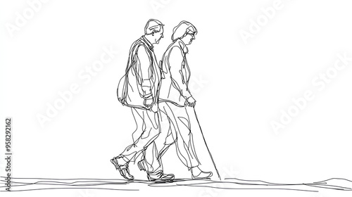 Elderly couple in continuous line art drawing style. Senior man and woman walking together holding hands. Minimalist black linear sketch isolated on white