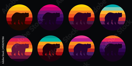 Silhouette of a bear against a striped retro sunset. Original vector set in vintage style isolated on black background. T-shirt design.