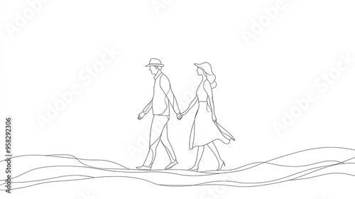 Elderly couple in continuous line art drawing style. Senior man and woman walking together holding hands. Minimalist black linear sketch isolated on white