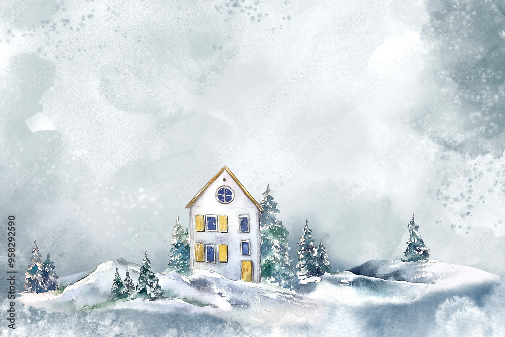 Naklejka premium Winter Christmas illustration card yellow wooden cottage house illustration on light snowy background, countryside, outdoors mountains.