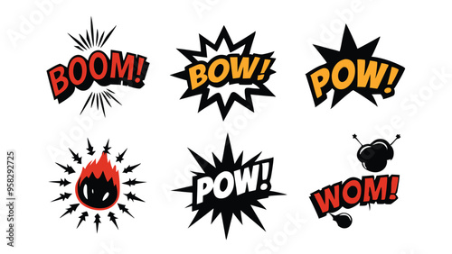 Hand drawn cartoon comic book explosion and sound effects in black, red, orange and yellow.