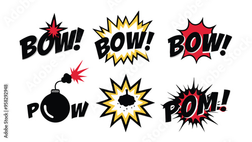 Hand-drawn cartoon comic book explosion elements with bomb and sound effects for graphic design.