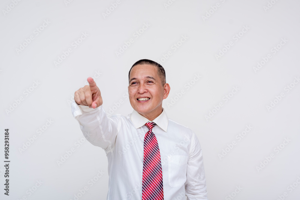 Friendly middle aged office male professional spotting a friend from afar, pointing with his finger. Set against a white background. Friendly middle aged office male professional spotting a friend from afar, pointing with his finger. Set against a white background.