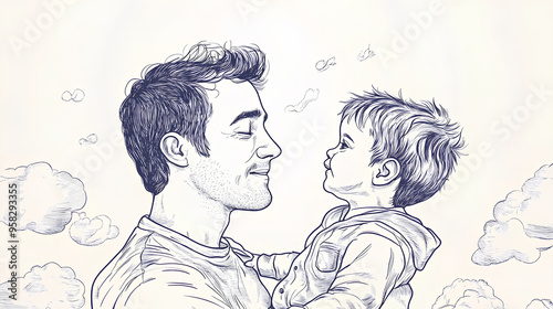 Fathers day line art style vector illustration, father and son line art illustration