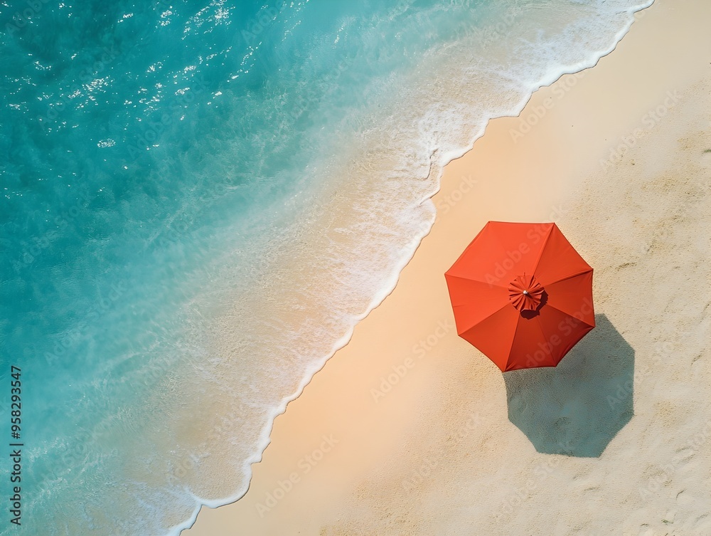 Naklejka premium Aerial View of Vivid Red Umbrella on Idyllic Summer Beach with Turquoise Ocean Waves