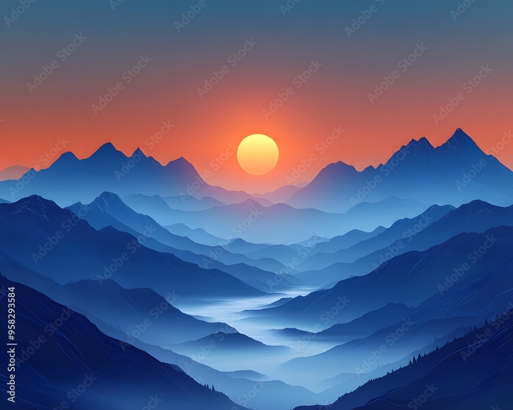 Obraz premium Blue Mountain Sunset Illustration