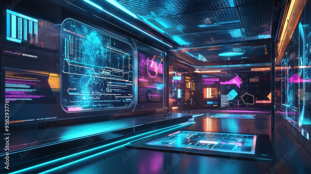 Obraz premium Futuristic Neon Lit Cityscape with High Tech Digital Interface