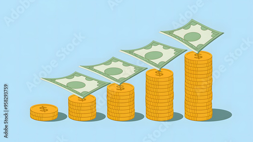 A series of ascending bar graphs made from stacks of gold coins and dollar bills, symbolizing financial growth and prosperity. photo